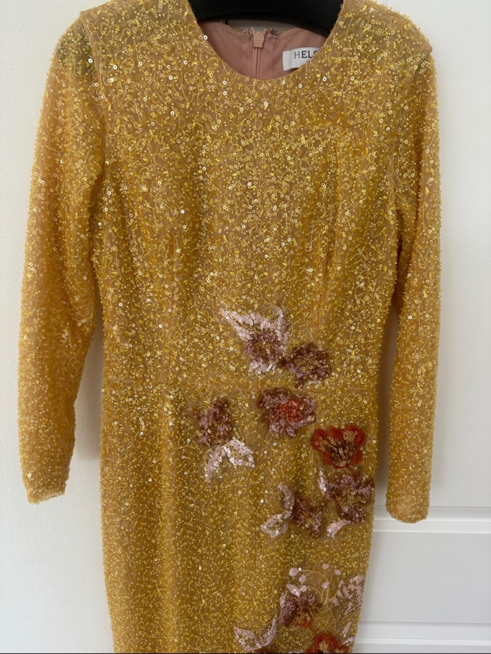 Gold Sequin Long Sleeve Floral-Embellished Evening Dress - Picture 3 of 9